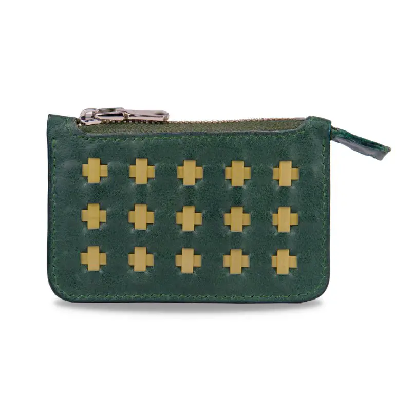 olive green zipper wallet and bamboo
